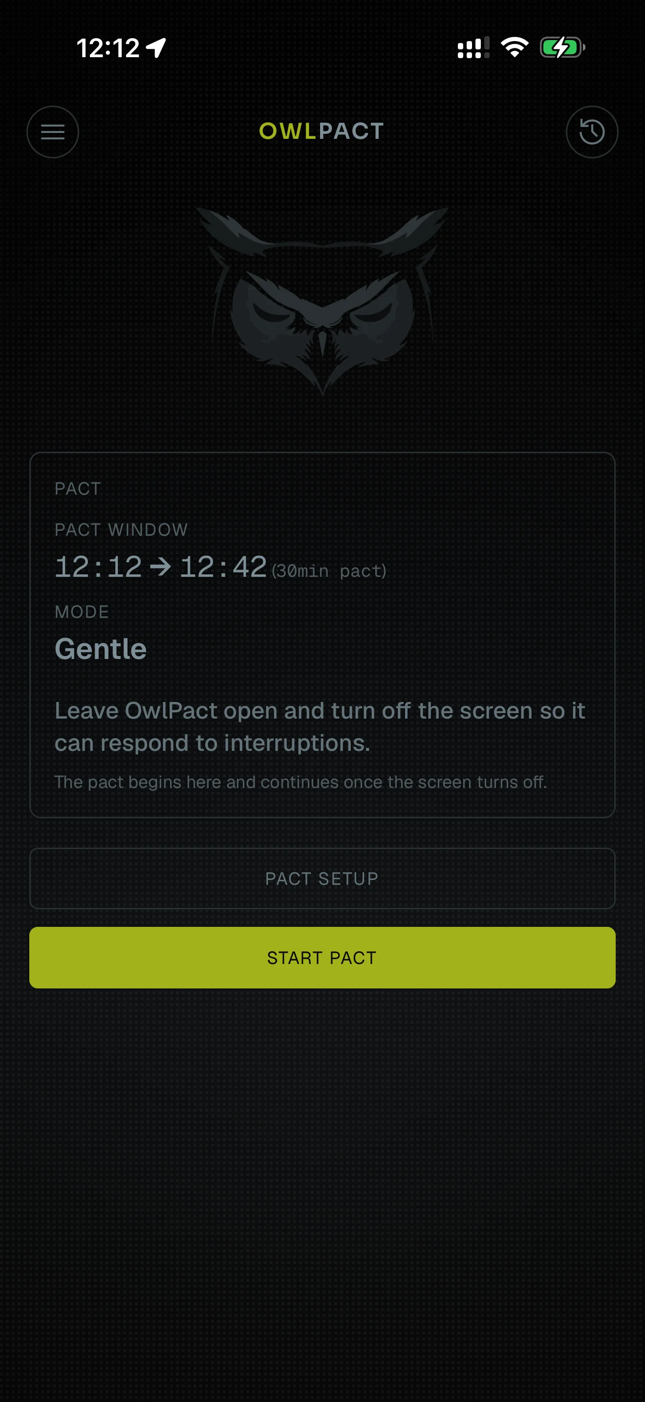 OwlPact home screen, start a pact