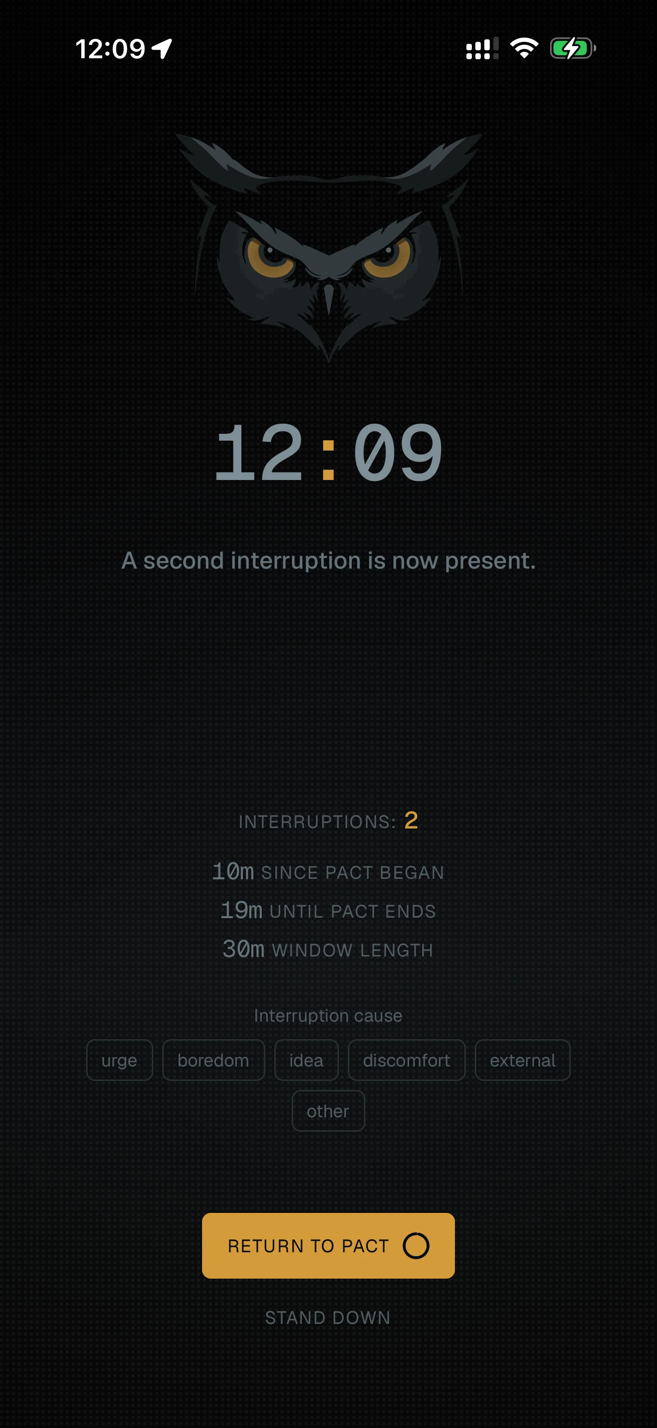 OwlPact active pact screen with interruption